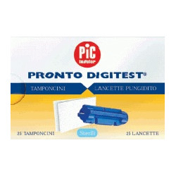 LANCETTE PUNGIDITO STERILI PRONTO DIGITEST + TAMPONCINO ASSORBENTE PER TEST GLICEMIA DIAMETRO AGO GAUGE28 25 LANCETTE + 25TAMPON
